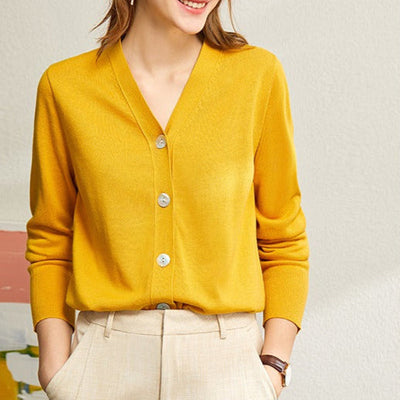 Cárdigan mujer punto fino cuello en V estilo minimalista - Annelise
