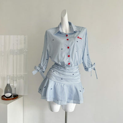 Vestido de mujer a rayas con blusa de botones y minifalda plisada - Norys