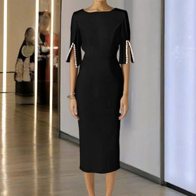 Vestido midi para mujer elegante entallado con detalle de perlas - Amaia