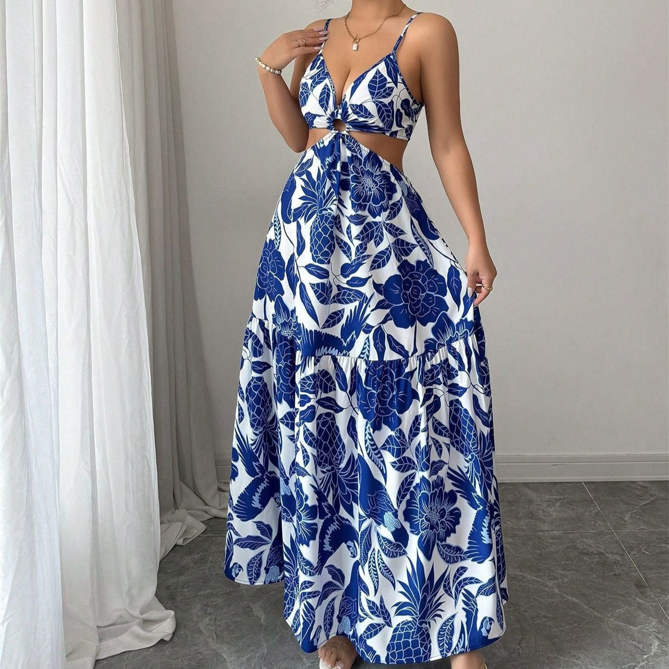Vestido largo mujer estampado floral tirantes corte cut-out - Moenia