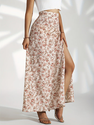 Falda larga mujer floral con abertura lateral - Celeste