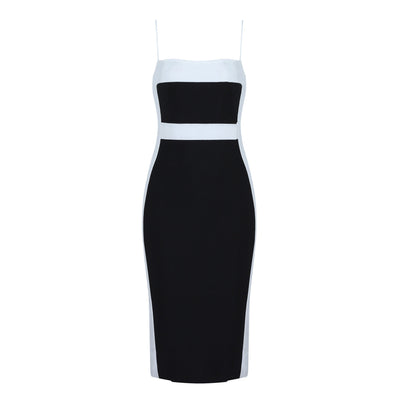 Vestido midi para mujer entallado con tirantes finos diseño bicolor - Teresa