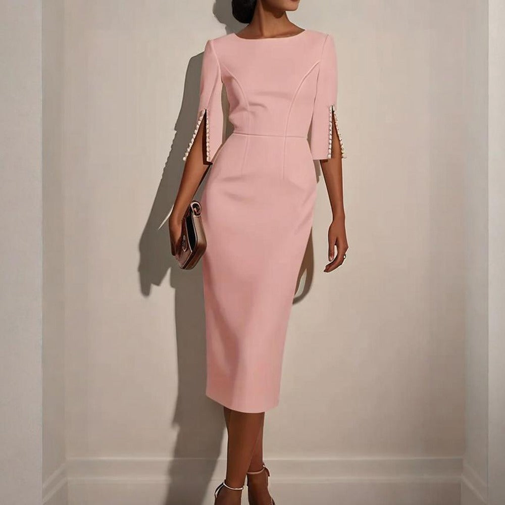 Vestido midi para mujer elegante entallado con detalle de perlas - Amaia
