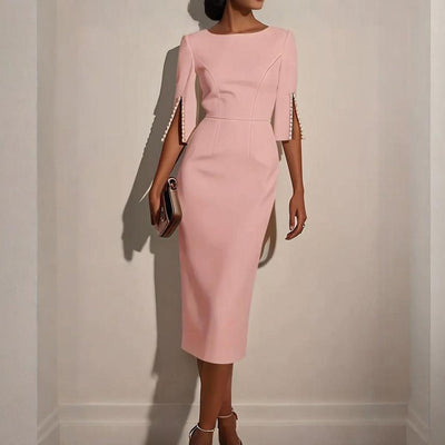 Vestido midi para mujer elegante entallado con detalle de perlas - Amaia