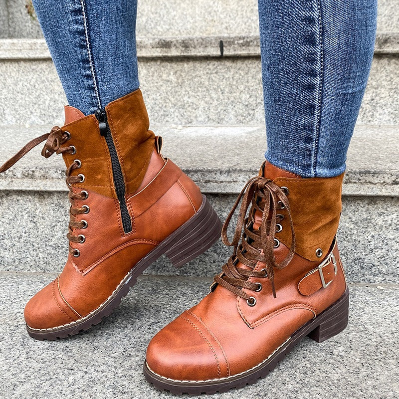 Botines para mujer cuero sintético con cordones estilo militar - Estela