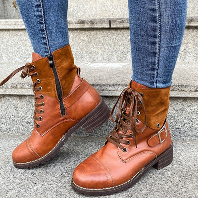 Botines para mujer cuero sintético con cordones estilo militar - Estela
