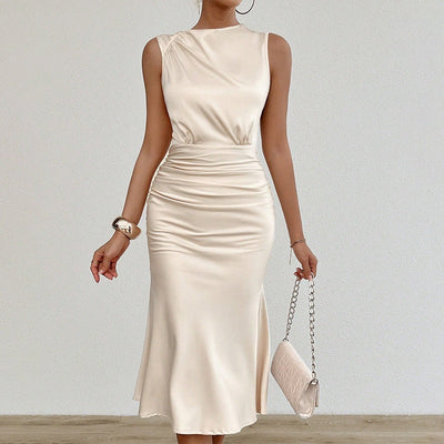 Vestido midi para mujer satén drapeado estilo entallado - Julieta