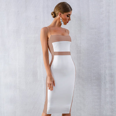 Vestido midi para mujer entallado con tirantes finos diseño bicolor - Teresa