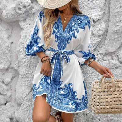 Vestido corto para mujer satinado con estampado bohemio estilo túnica - Nadine