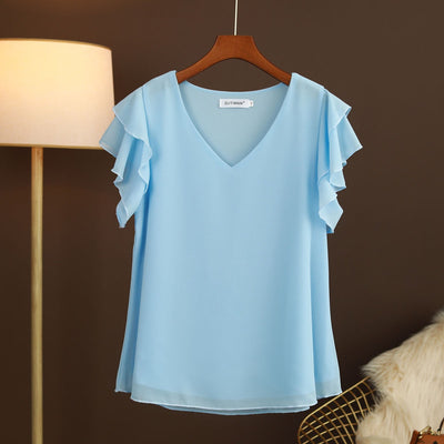 Blusa para mujer de gasa ligera con mangas de volantes escote en pico - Elvira