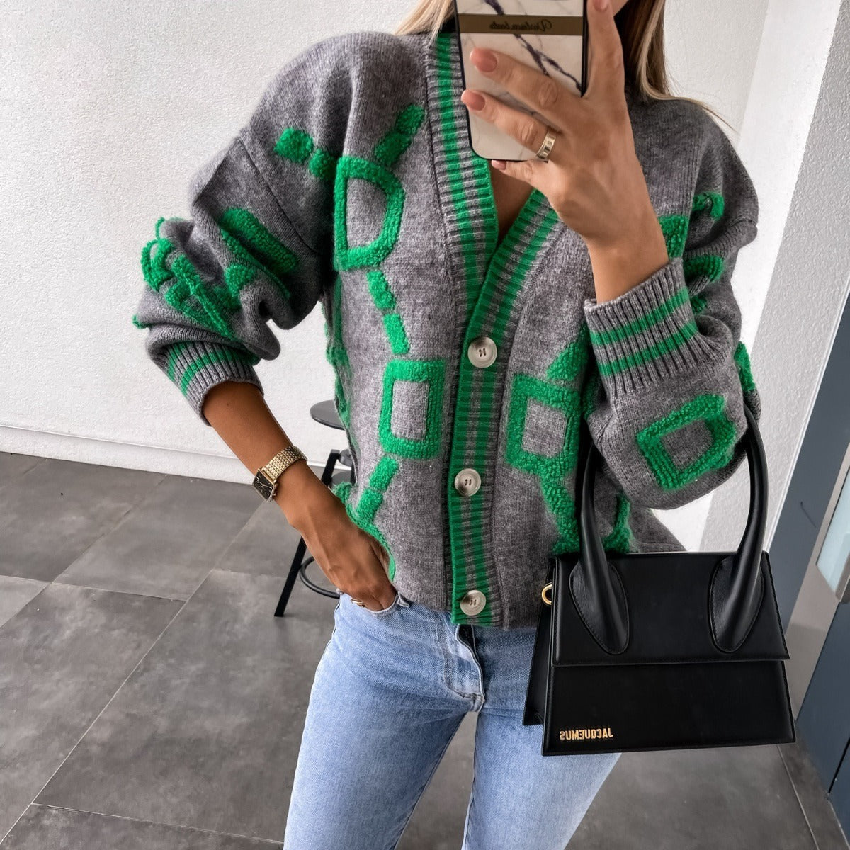 Cárdigan mujer punto jacquard estampado geométrico estilo colorido - Ninelle