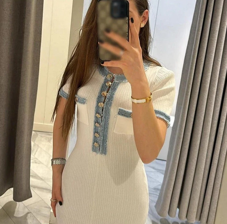 Vestido largo para mujer de punto acanalado con detalles denim - Mariela