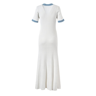 Vestido largo para mujer de punto acanalado con detalles denim - Mariela