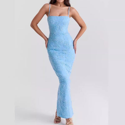 Vestido largo para mujer de encaje floral con tirantes finos estilo elegante - Elena