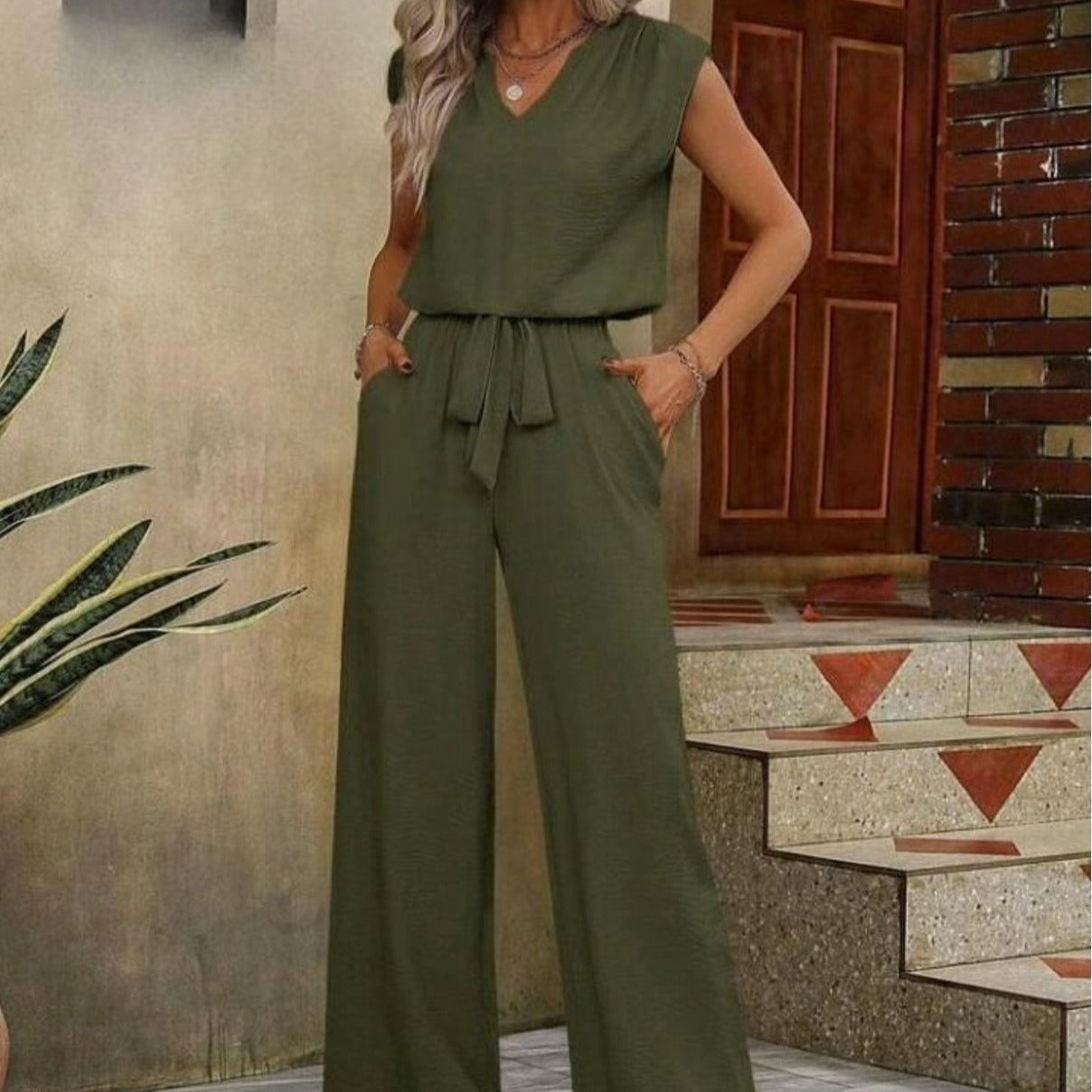 Conjunto sin mangas para mujer escote en V y pantalón palazzo - Lorena