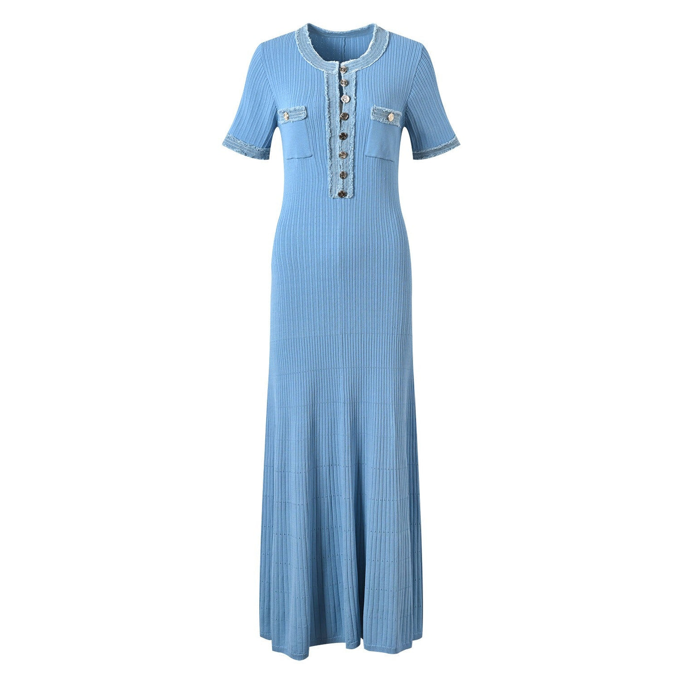 Vestido largo para mujer de punto acanalado con detalles denim - Mariela