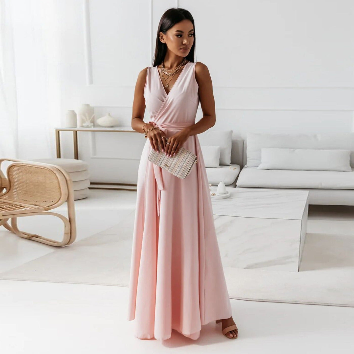 Vestido largo mujer escote cruzado sin mangas elegante - Larissa