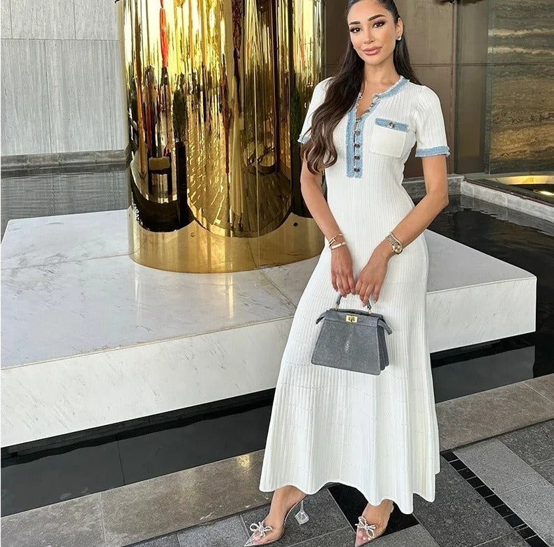 Vestido largo para mujer de punto acanalado con detalles denim - Mariela