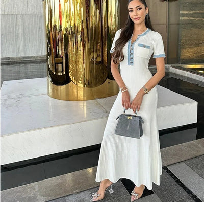 Vestido largo para mujer de punto acanalado con detalles denim - Mariela