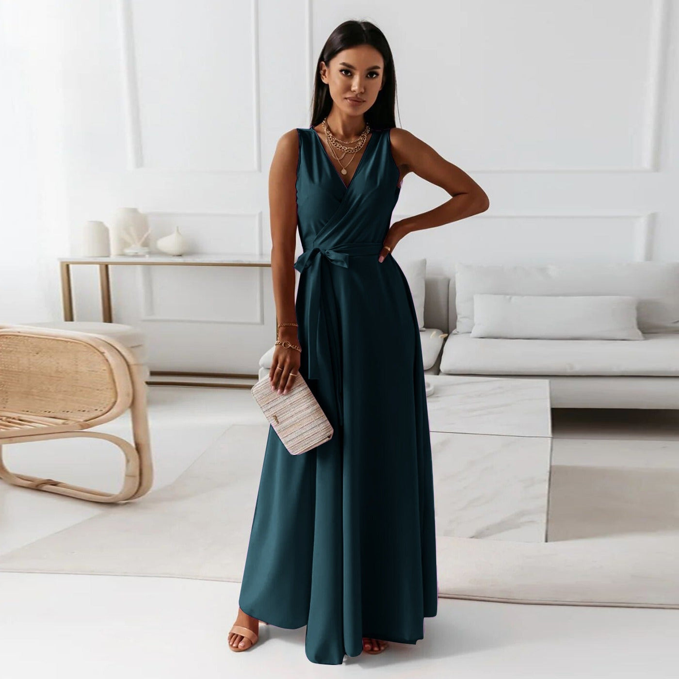Vestido largo mujer escote cruzado sin mangas elegante - Larissa
