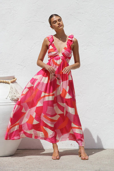 Vestido largo mujer estampado abstracto escote profundo - Dalira