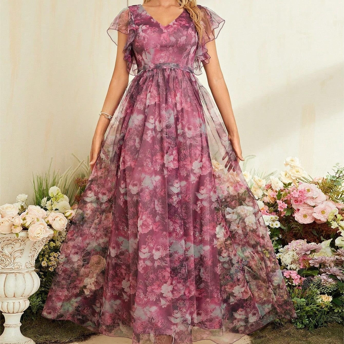 Vestido largo para mujer de gasa estampada estilo vaporoso - Mariana
