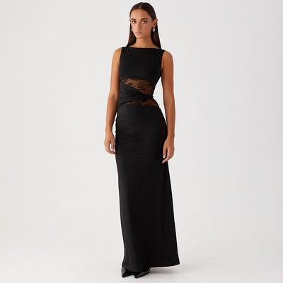 Vestido largo mujer sin mangas con encaje transparente - Leontina