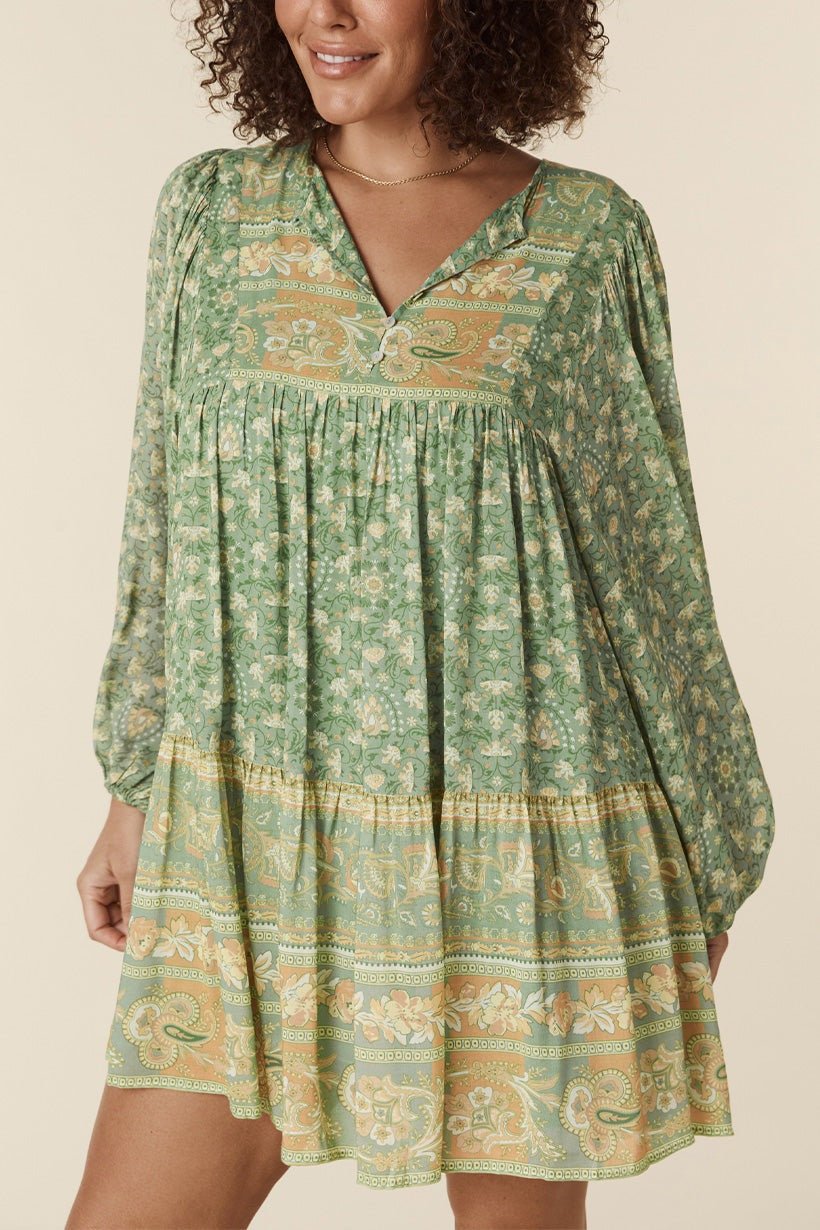 Freya - Mini vestido campesino con estampado de empalme