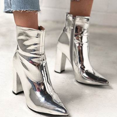 Camila - Botines con cremallera lateral y tacón grueso en punta metalizados