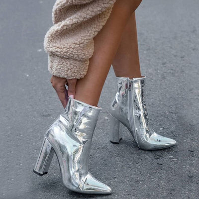 Camila - Botines con cremallera lateral y tacón grueso en punta metalizados