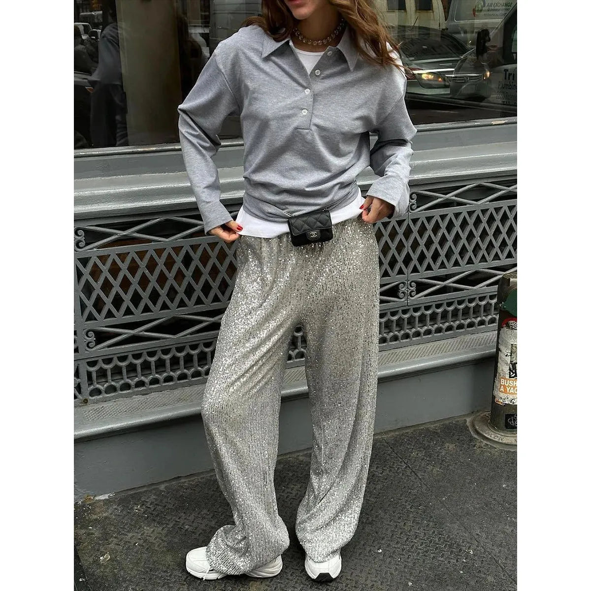 Pantalones de lentejuelas para mujer - cintura alta, corte holgado