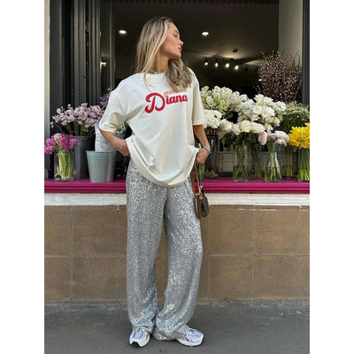 Pantalones de lentejuelas para mujer - cintura alta, corte holgado
