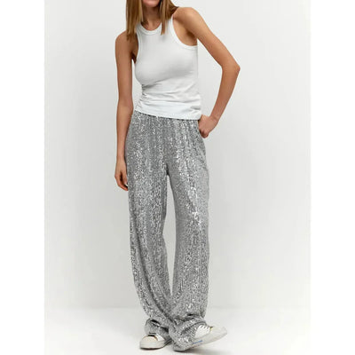 Pantalones de lentejuelas para mujer - cintura alta, corte holgado