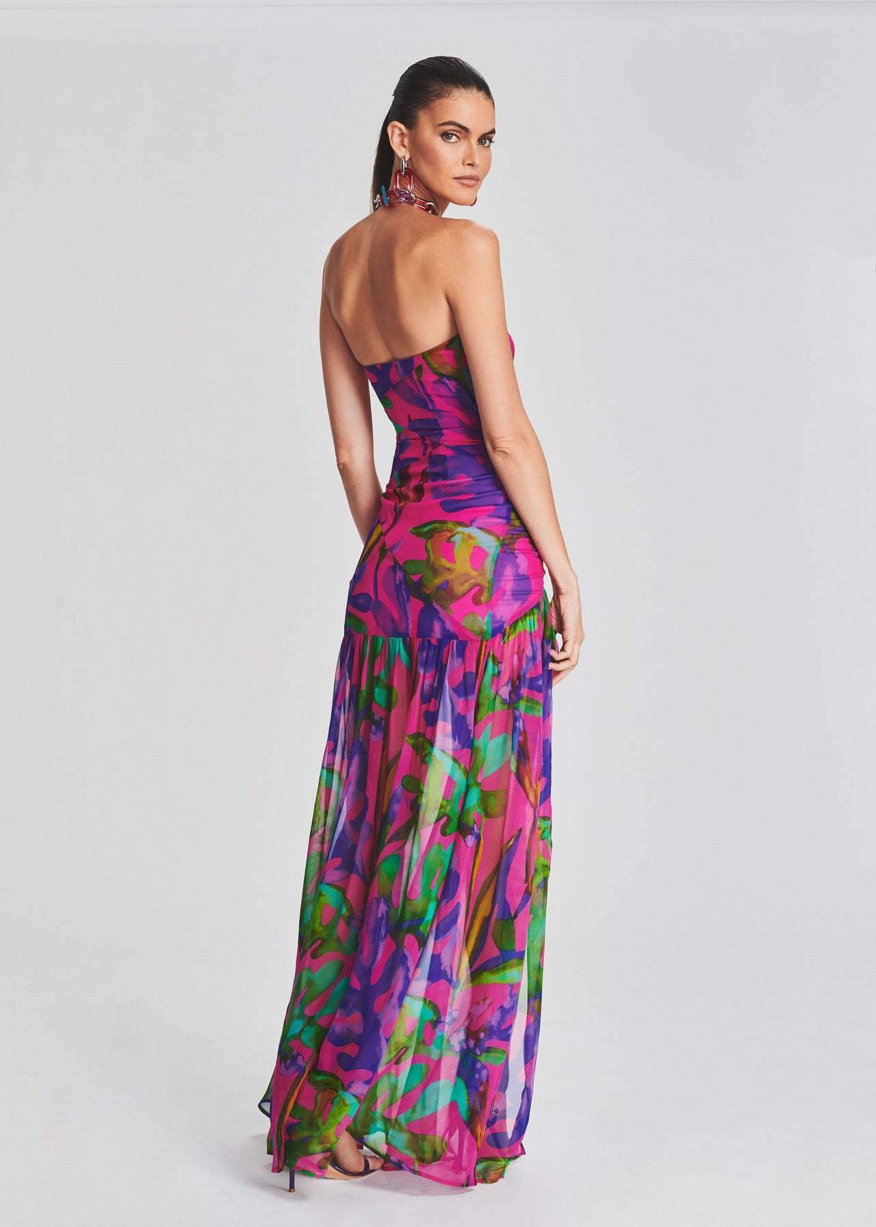 Luciana - Vestido maxi estampado sin tirantes con abertura