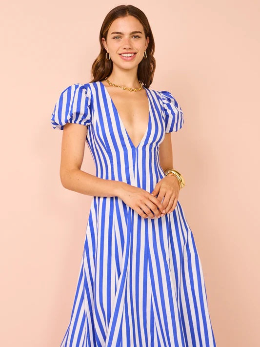 Anne - Vestido de moda para mujer con mangas abullonadas y rayas