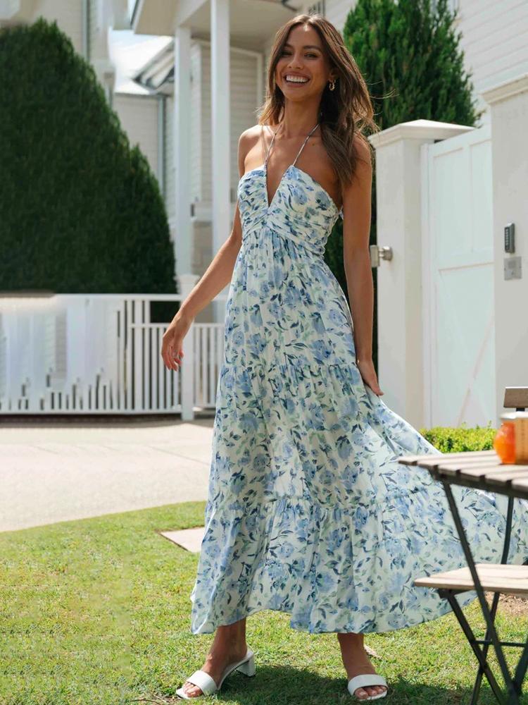 Susy - maxi vestido de verano con escote halterneck y estampado floral