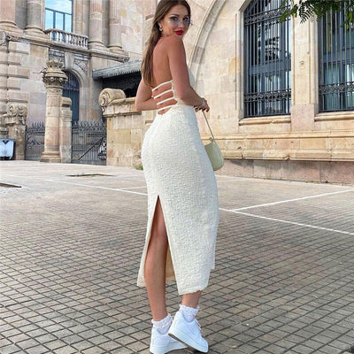 Maya - Vestido midi con escote halter y aberturas texturizadas