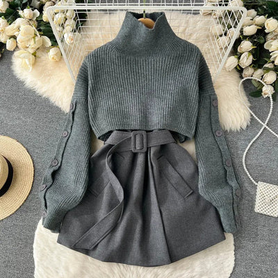 Traje de dos piezas con falda corta de punto y chaleco, elegante y versátil perfecto para un look contemporáneo y femenino