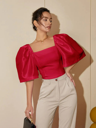 Johanna - Elegante top retro de manga farol y cuello cuadrado