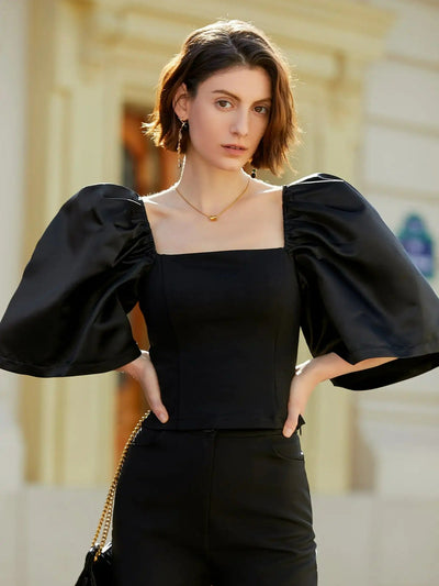 Johanna - Elegante top retro de manga farol y cuello cuadrado