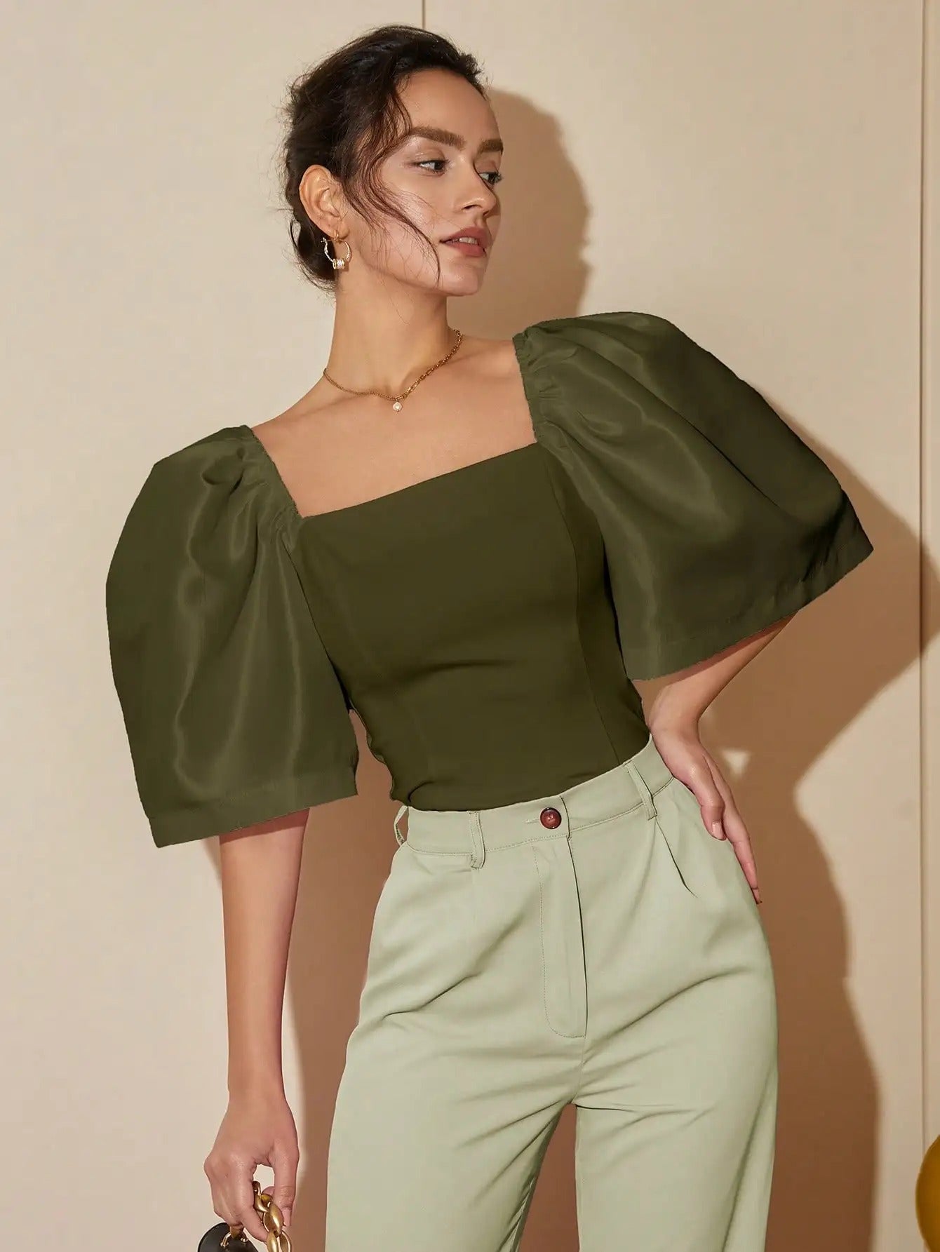 Johanna - Elegante top retro de manga farol y cuello cuadrado