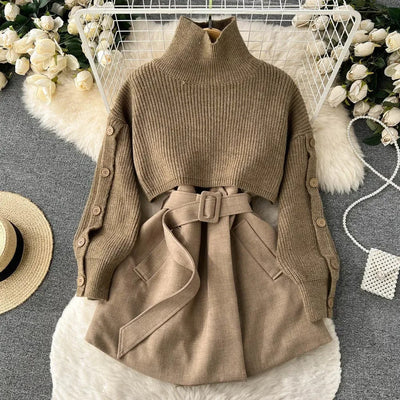Traje de dos piezas con falda corta de punto y chaleco, elegante y versátil perfecto para un look contemporáneo y femenino