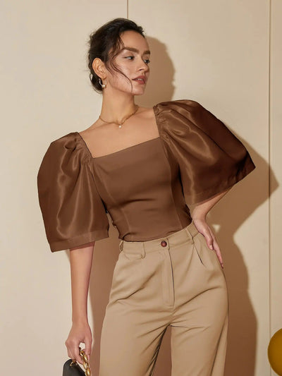 Johanna - Elegante top retro de manga farol y cuello cuadrado